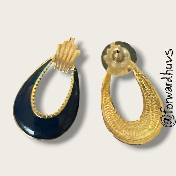 Bundle Sale 3 for $15 | 1980s Gold-Tone & Blue Enamel Door Knocker Stud Earrings - Picture 5 of 6